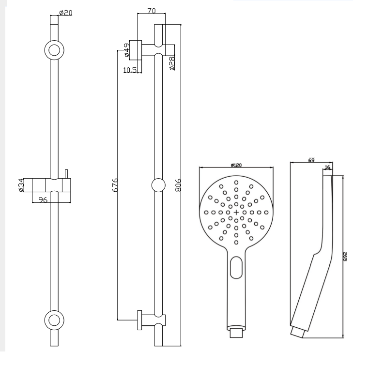 Shower slider rail kit - Chrome dimensions diagram