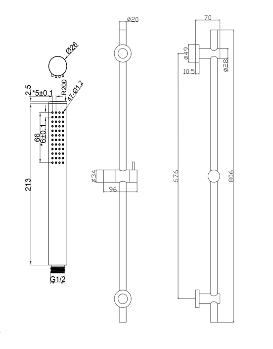 Shower slider rail kit - Brushed Brass dimensions diagram