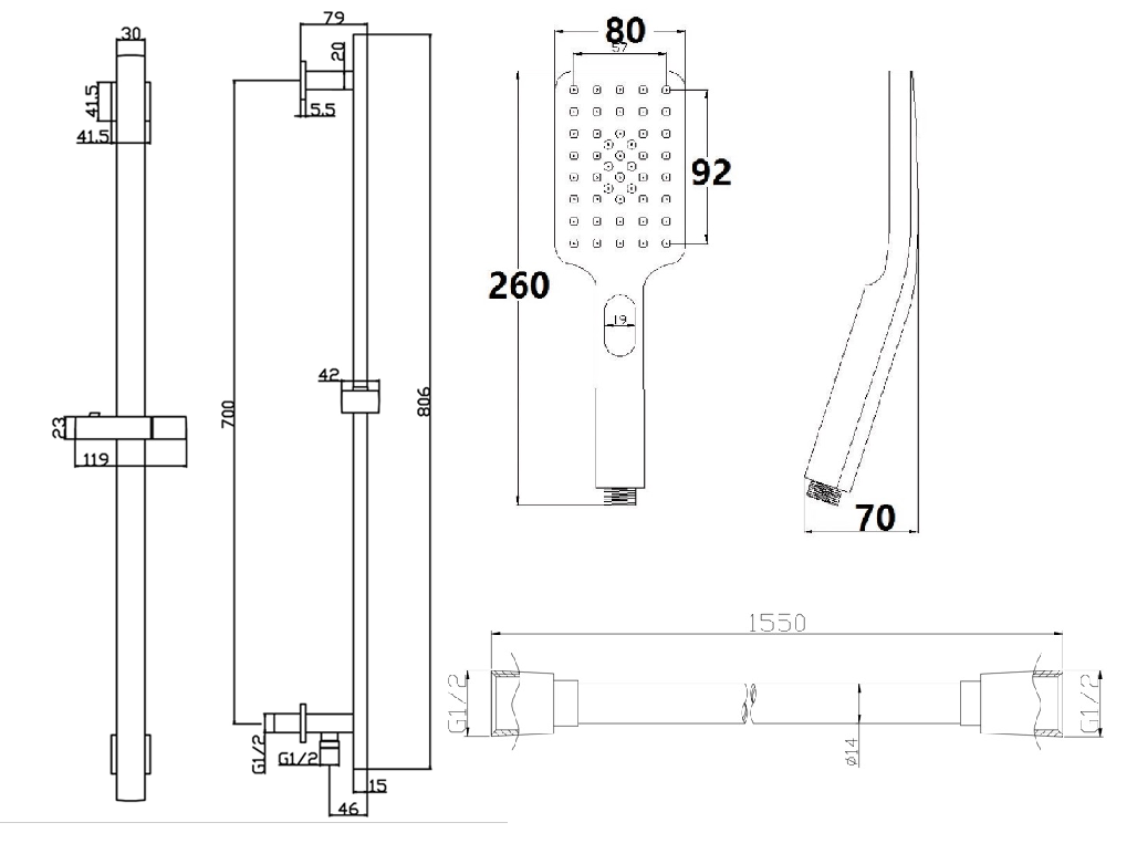 Shower slider rail kit - Chrome dimensions diagram