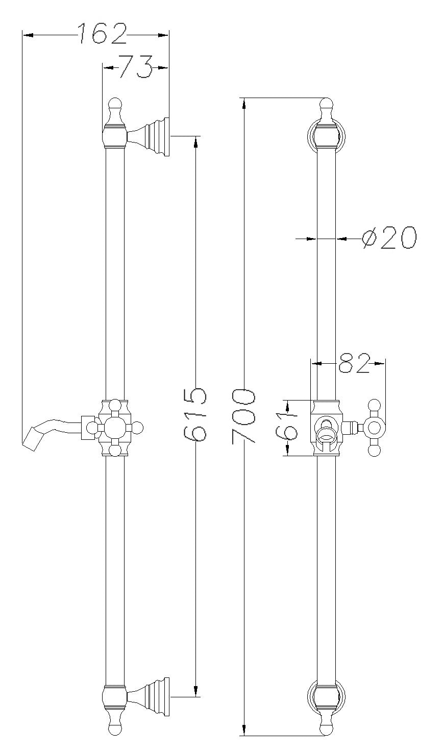 Shower slider rail kit - Chrome dimensions diagram
