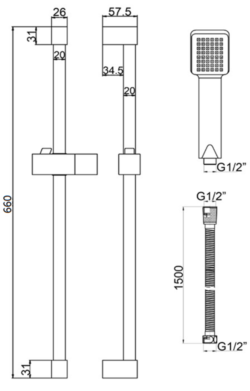 Shower slider rail kit - Brushed Brass dimensions diagram