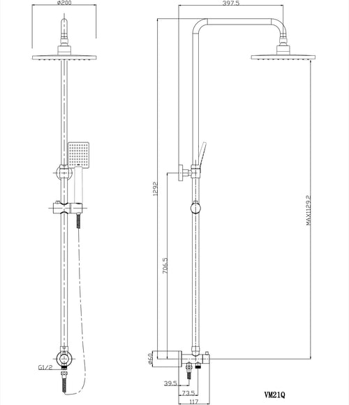 Shower slider rail kit - Chrome dimensions diagram