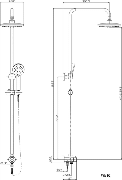 Shower slider rail kit - Chrome dimensions diagram