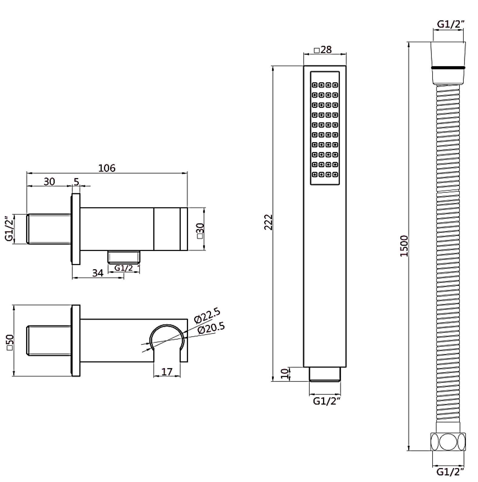 Hand Shower Wall Bracket - Matt Black dimensions diagram