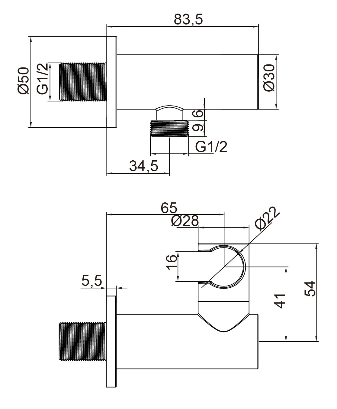 Adjustable Shower Handset Wall - Chrome dimensions diagram