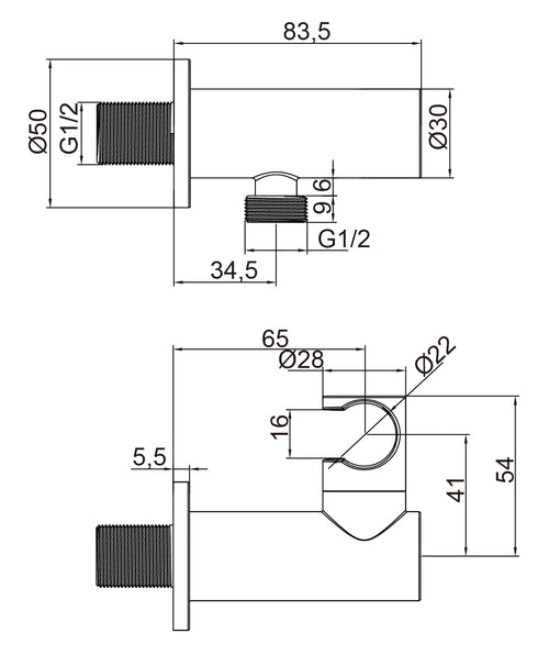 Adjustable Shower Handset Wall - Chrome dimensions diagram