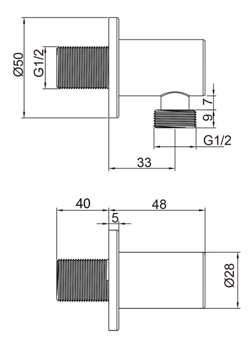 Round Wall Outlet Elbow - Matt Black dimensions diagram