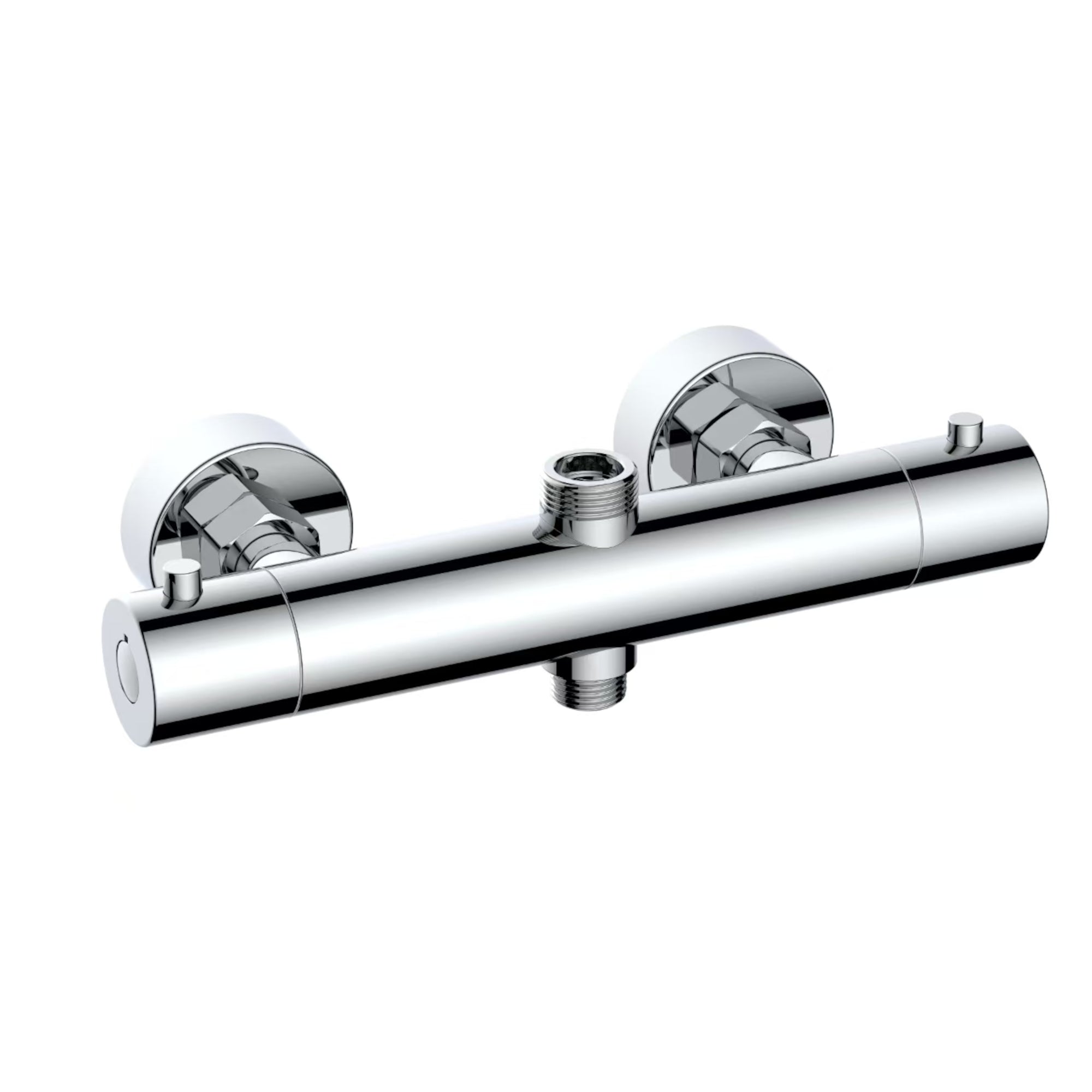 Chrome Dune contemporary thermostatic bar shower mixer valve with two outlets, featuring 3/4" and 1/2" connections