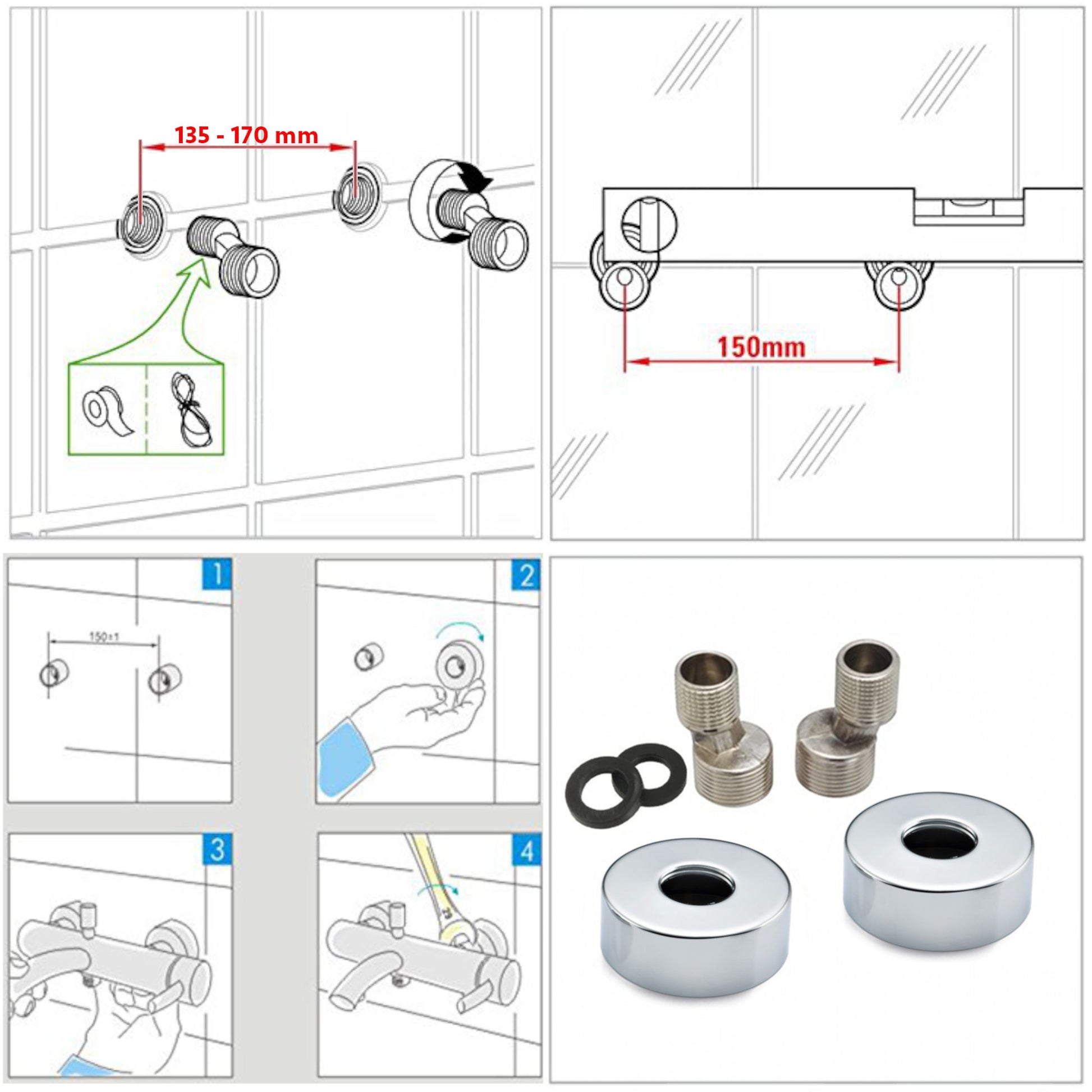 Installation guide for the T33-03 chrome thermostatic bar shower mixer valve with adjustable connectors, gaskets, and chrome covers