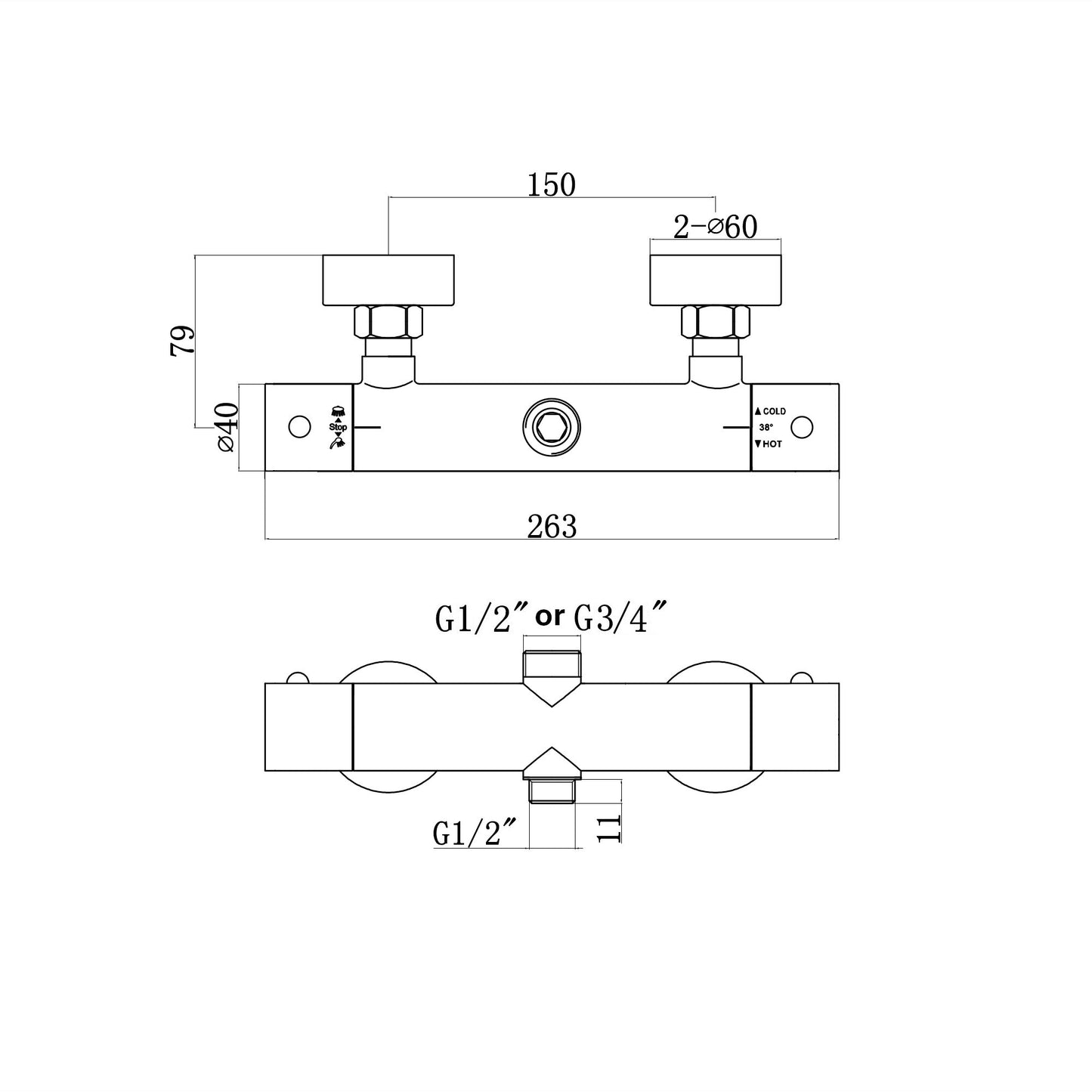 Technical drawing of the T33 thermostatic bar shower mixer valve with labeled dimensions and water inlet specifications