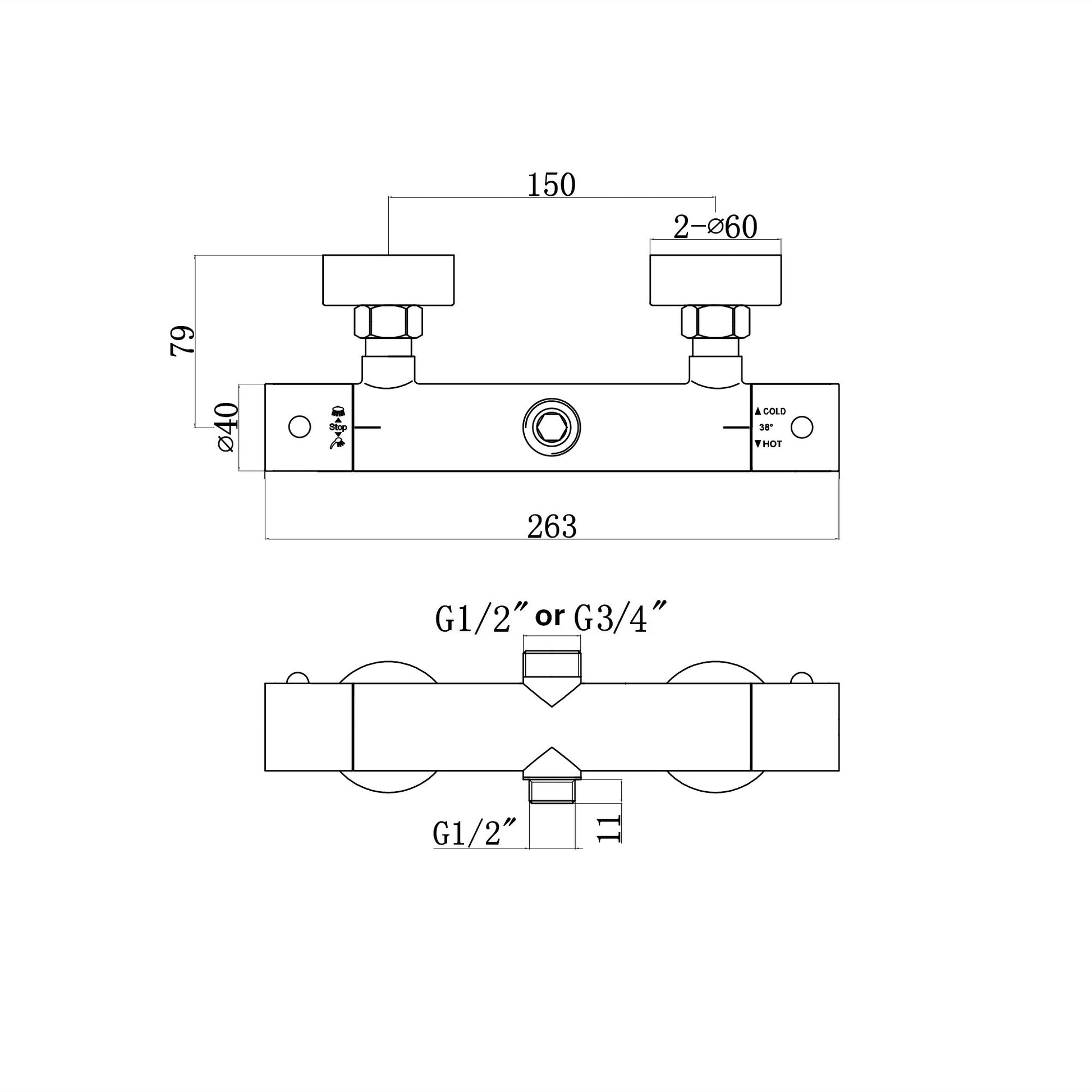 Technical drawing of the T33 thermostatic bar shower mixer valve with labeled dimensions and water inlet specifications