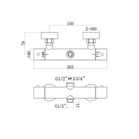 Technical drawing of the T33 thermostatic bar shower mixer valve with labeled dimensions and water inlet specifications