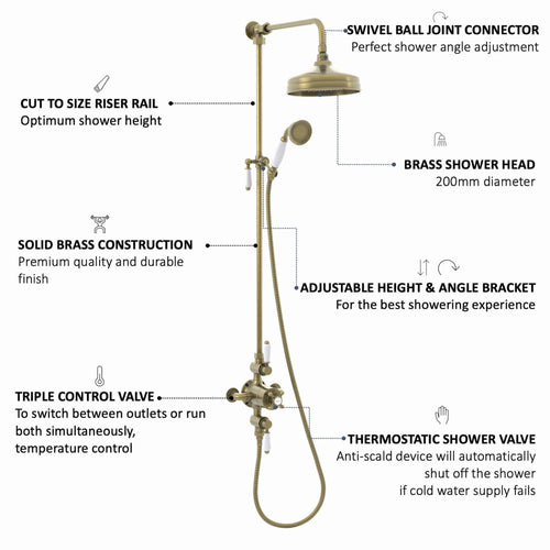 Buy Downton Exposed Traditional Thermostatic Shower Set 2 Outlet, Incl. Triple Shower Valve, Rigid Riser Rail, 200mm Shower Head & Ceramic Handset - Antique Brass online UK