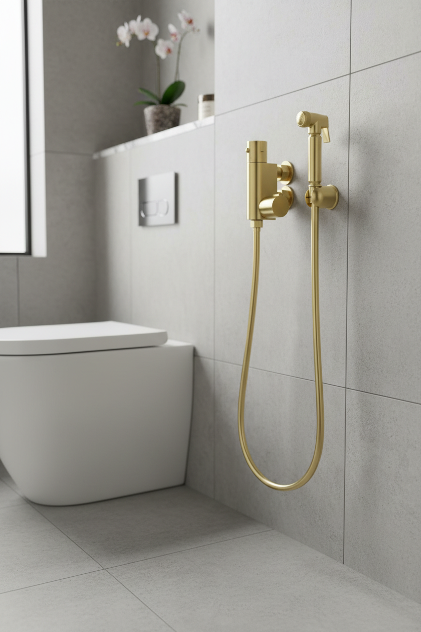 Vero round douche thermostatic bar valve with shower spray kit - brushed brass