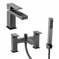 Athena contemporary square basin sink mixer tap + bath shower mixer tap pack - gunmetal grey black