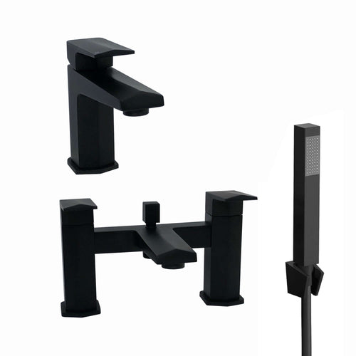 Buy Milly geo inspired hexagonal basin sink mixer tap + bath shower mixer tap pack - matt black online UK