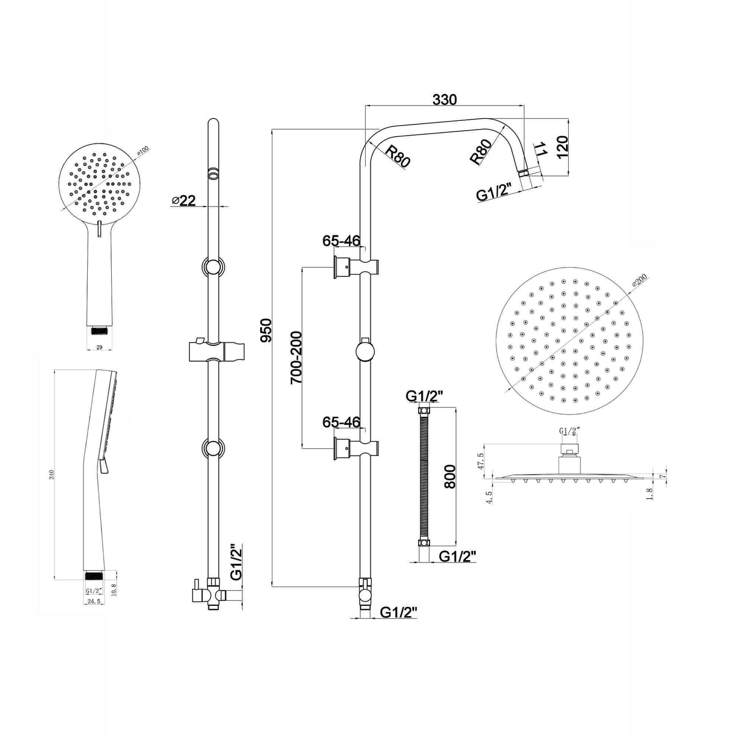 Dune thermostatic bar bath shower mixer valve with dual rigid riser kit, overhead rain shower and handheld - chrome - Showers