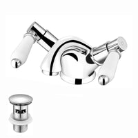 Downton basin mixer tap with white ceramic levers + slotted waste - chrome
