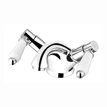 Downton basin mixer tap with white ceramic levers + slotted waste - chrome