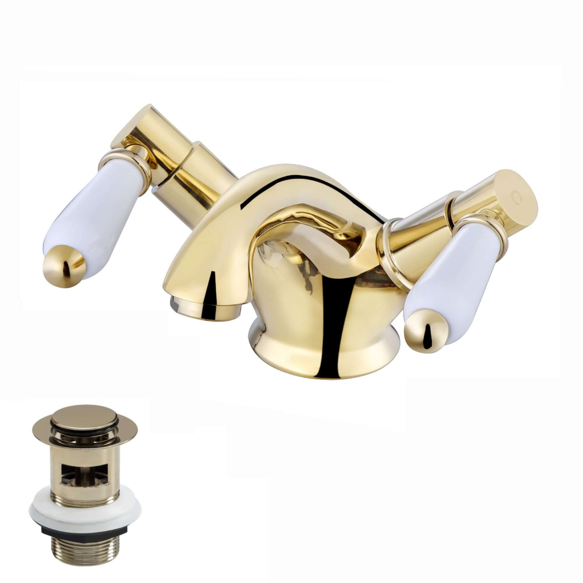 Downton basin mixer tap with white ceramic levers + slotted waste - English gold - Taps