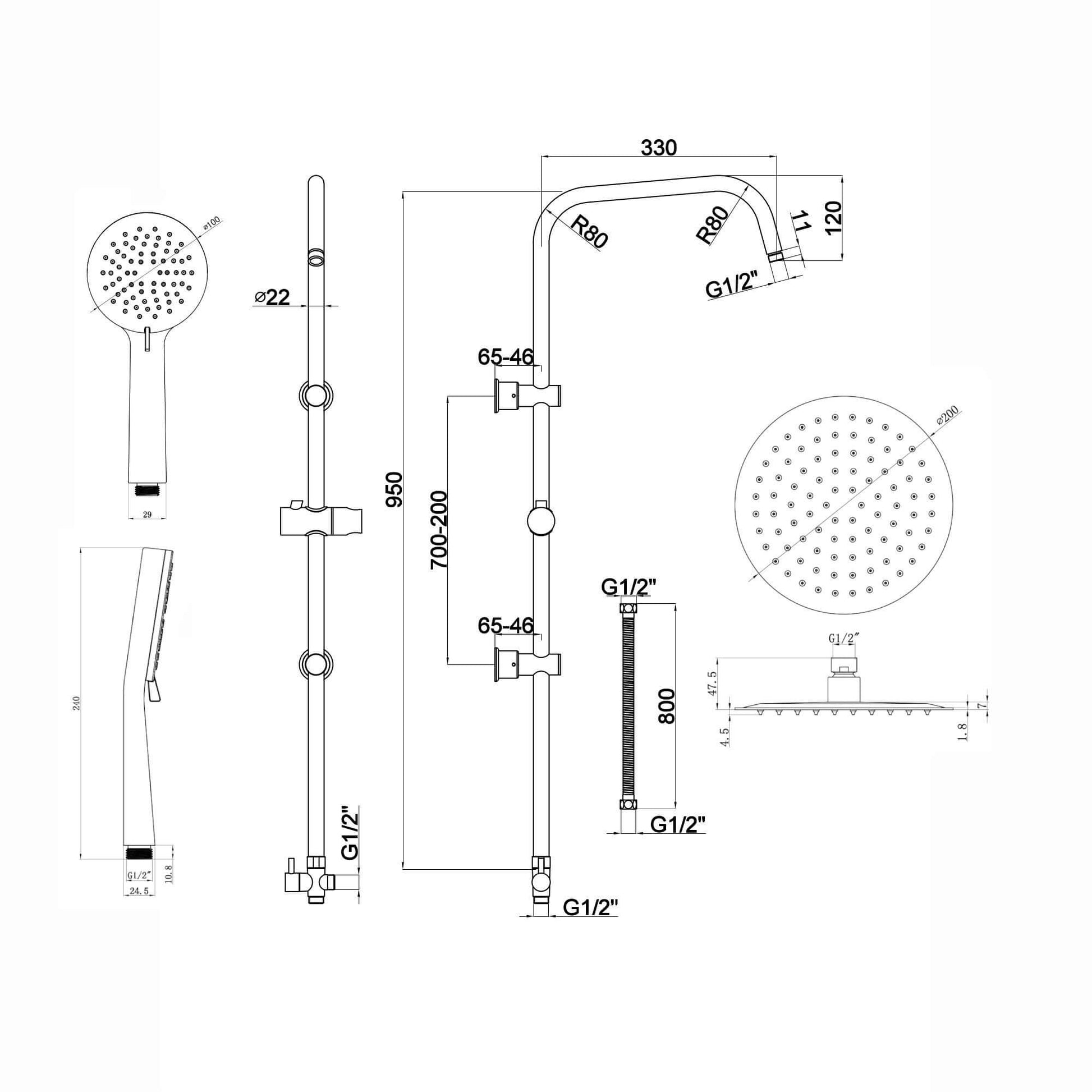 Dune thermostatic bar bath shower mixer valve with dual rigid riser kit, 200mm overhead rain shower and handheld - matte black - Showers