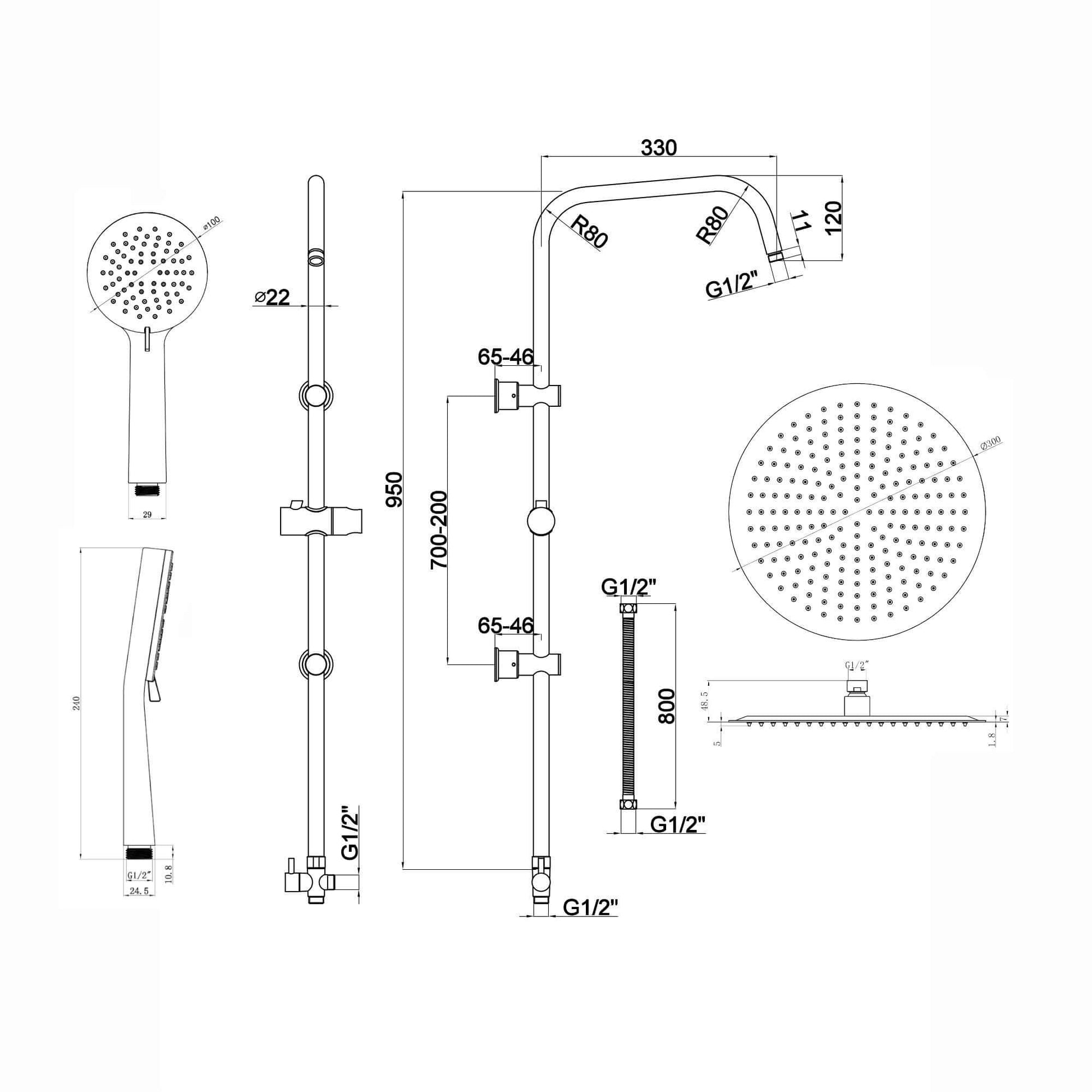 Dune thermostatic bar bath shower mixer valve with dual rigid riser kit, 300mm overhead rain shower and handheld - matte black - Showers