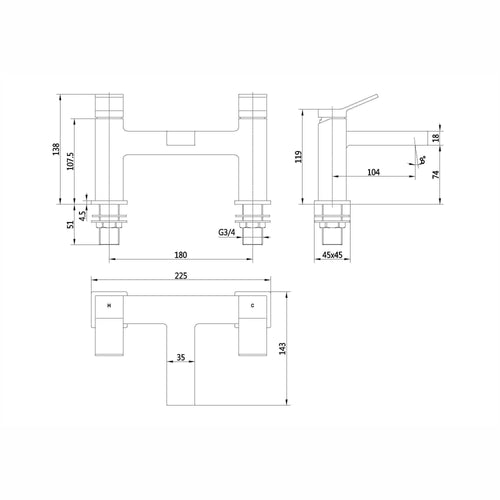 Buy Athena contemporary square bath mixer tap filler - brushed nickel online UK