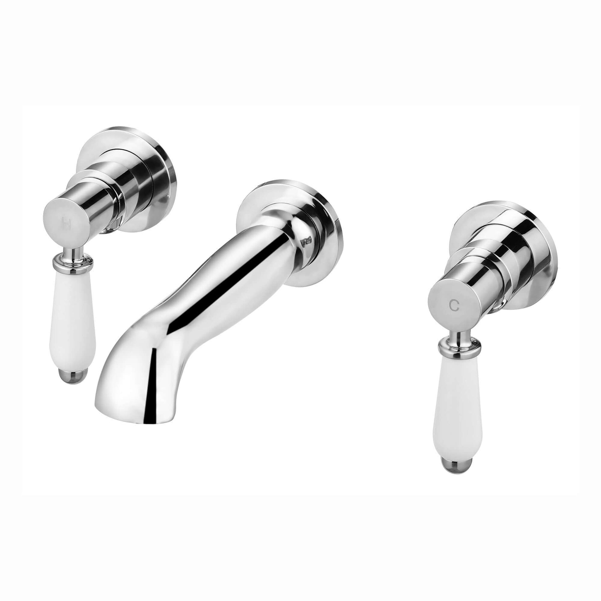 Downton wall-mount basin or bath mixer tap 3 hole with white ceramic levers - chrome - Taps