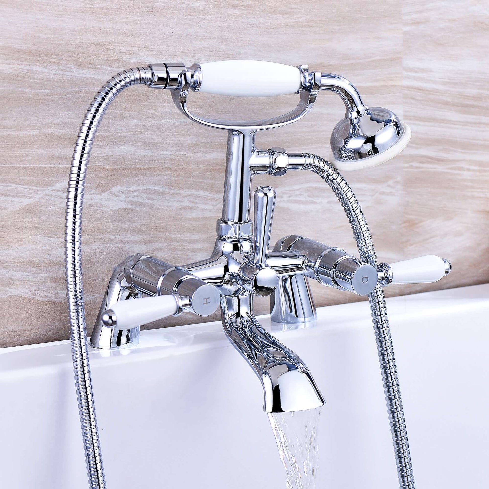 Downton bath shower mixer tap with white ceramic levers - chrome - Taps