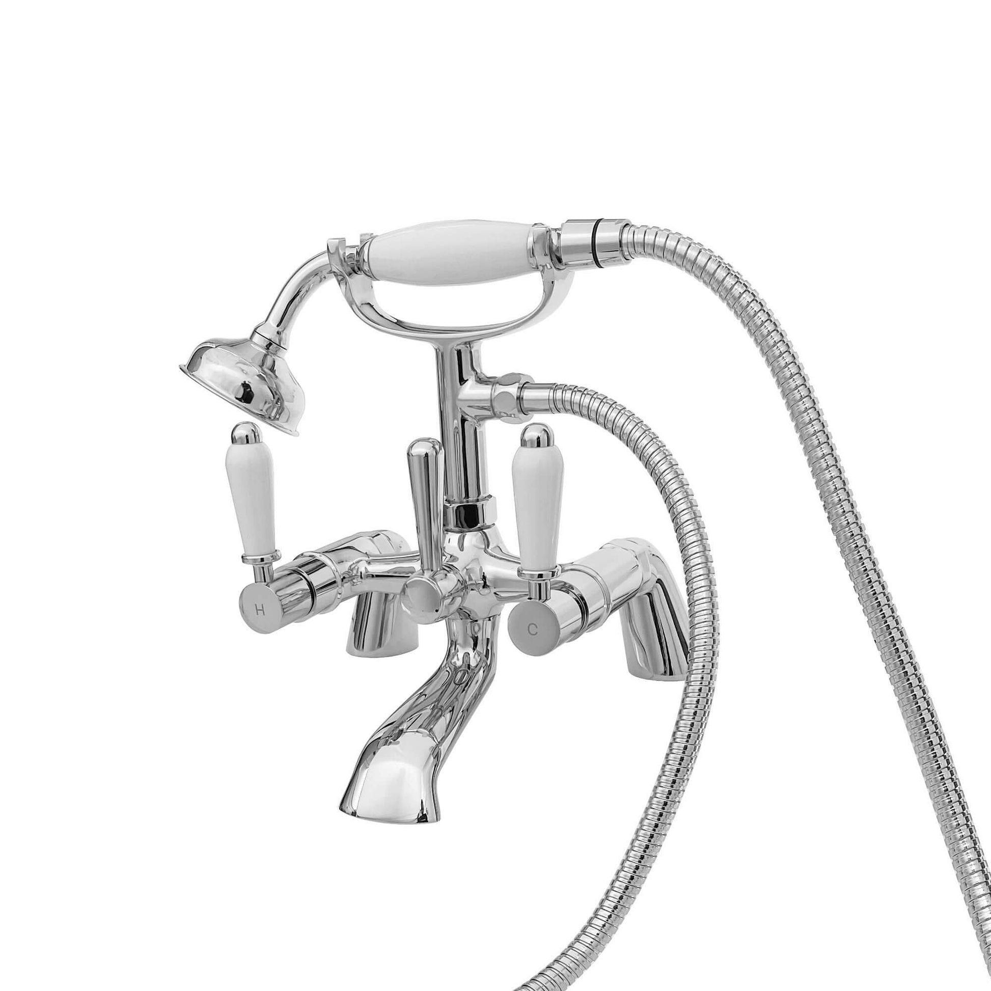 Downton bath shower mixer tap with white ceramic levers - chrome - Taps