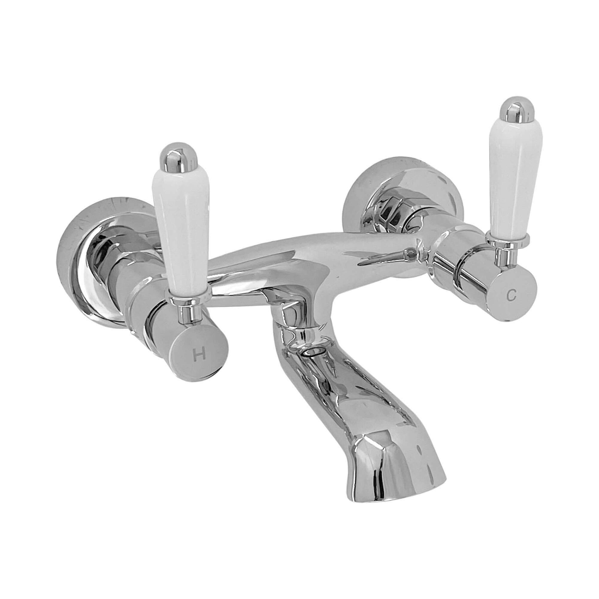 Downton wall mounted bath mixer tap with white ceramic levers - chrome - Taps
