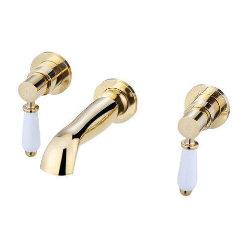 Buy Downton wall-mount basin tap 3 hole with white ceramic levers - gold online UK