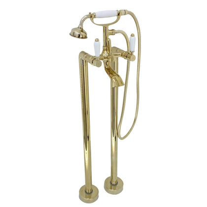 Buy Downton floorstanding bath shower mixer tap with white ceramic levers - gold Online UK | HOUSE OF ENKI