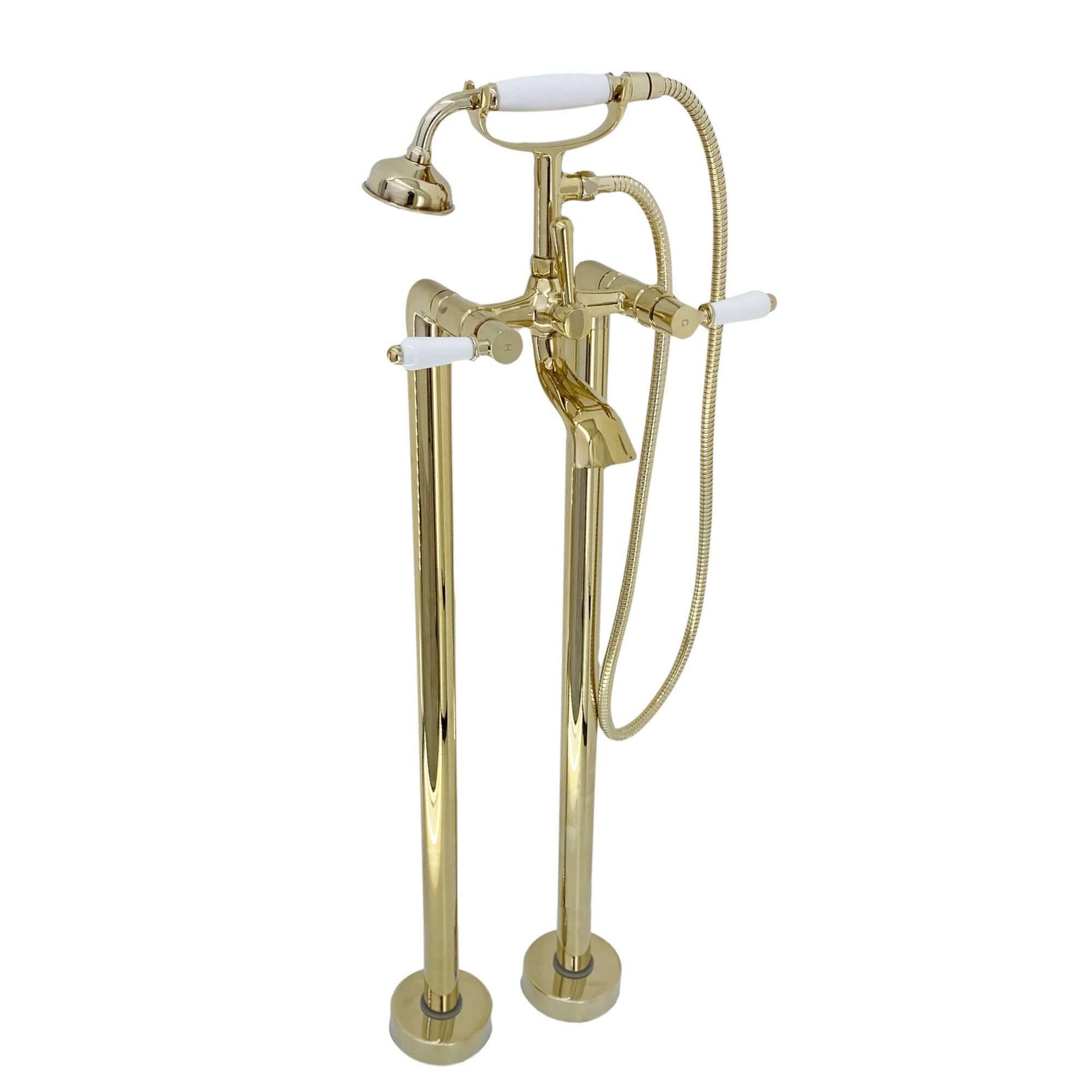 Downton floorstanding bath shower mixer tap with white ceramic levers - English gold - Taps