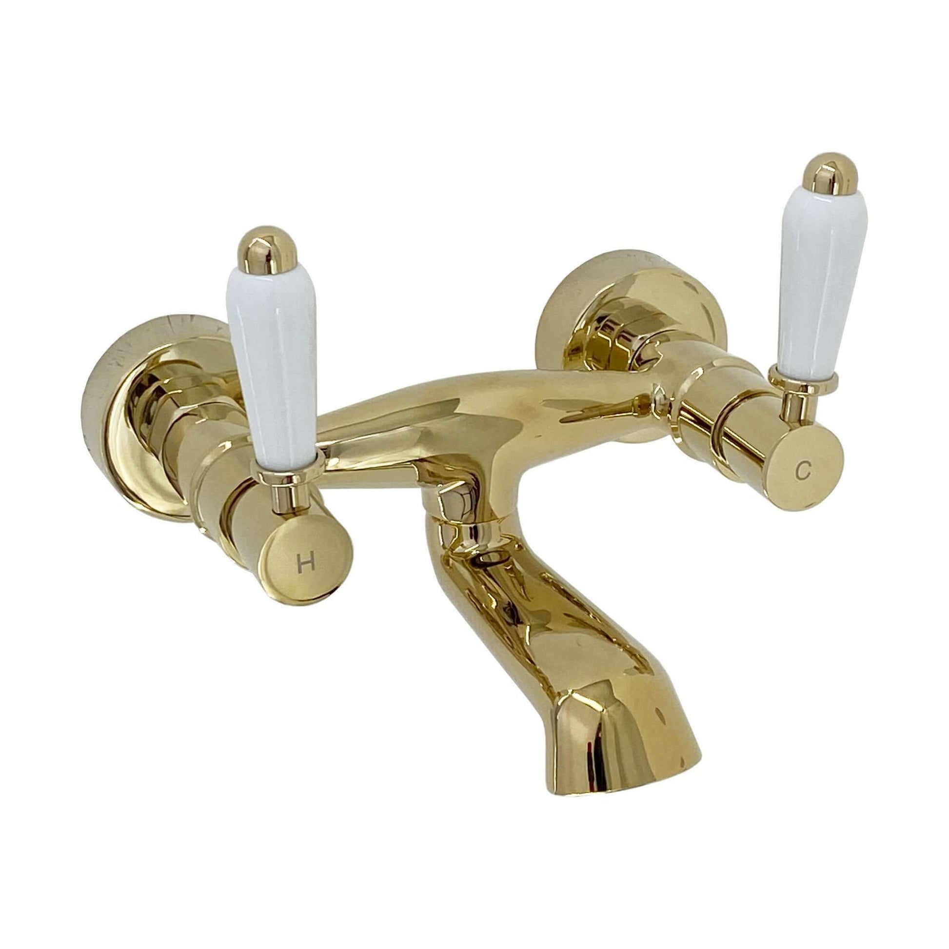 Downton wall mounted bath mixer tap with white ceramic levers - English gold - Taps