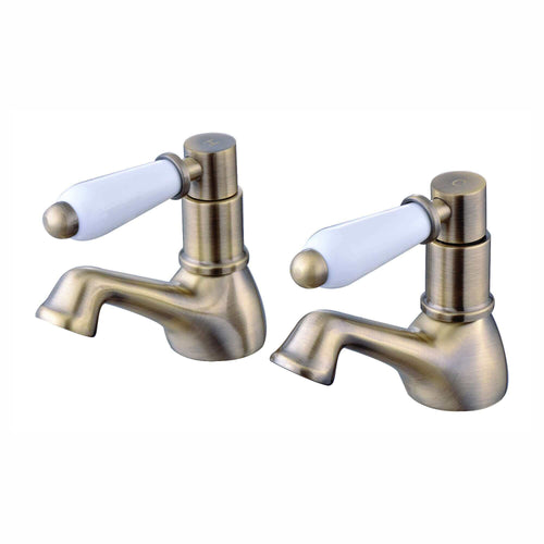 Buy Downton hot and cold basin taps with white ceramic levers - antique brass online UK