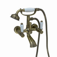 Downton wall mounted bath shower mixer tap with white ceramic levers - antique bronze - Taps