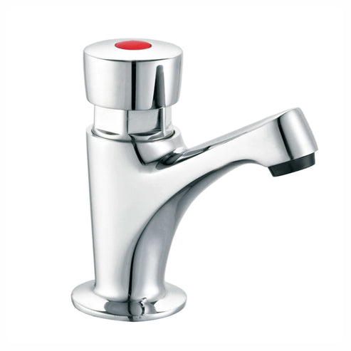 Chrome Single Pillar Push Down Tap: Monobloc - Self-Closing