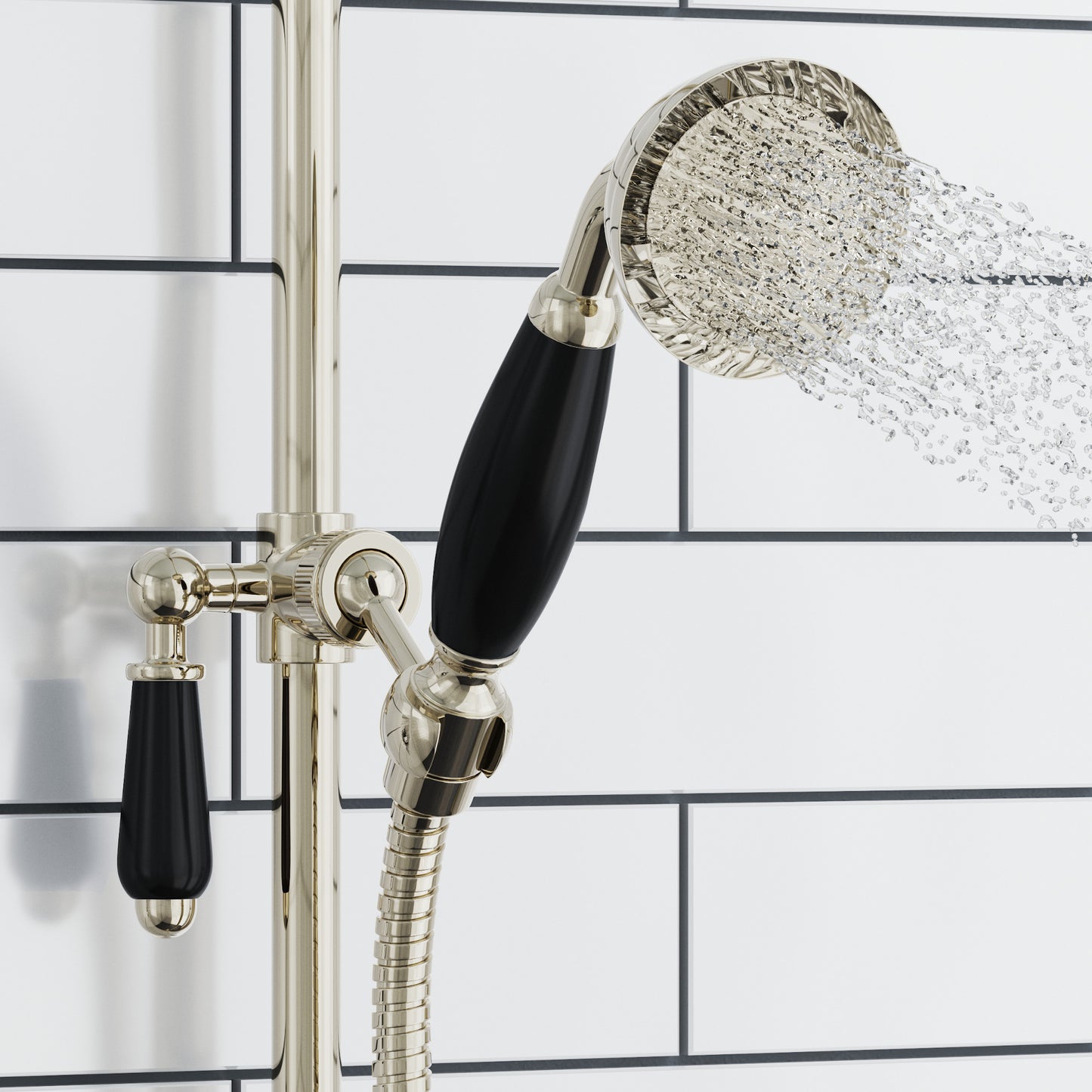 Traditional Handheld Shower Head and Hose Kit Brass with Black Ceramic Details - English Gold - Showers