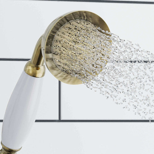 Buy Traditional Brass & White Ceramic Hand Shower Kit Incl. Hose And Wall Bracket With Outlet - Antique Brass online UK