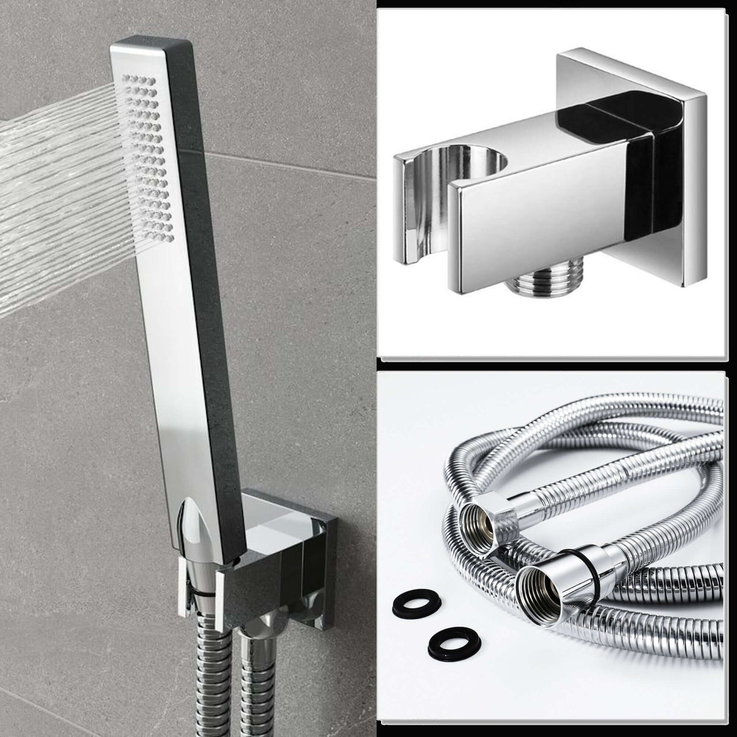 Premium Square Pencil Hand Shower With Silicone Jets Kit Incl. Hose And Wall Bracket With Outlet - Chrome