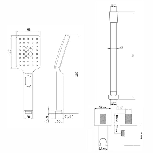 Buy Contemporary Square 3 Function Hand Shower Kit Incl. Hose And Wall Bracket With Outlet - Black online UK