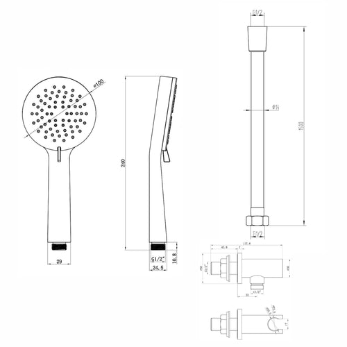 Buy Contemporary 3 Function Hand Shower Kit Incl. Hose And Wall Bracket With Outlet - Black online UK