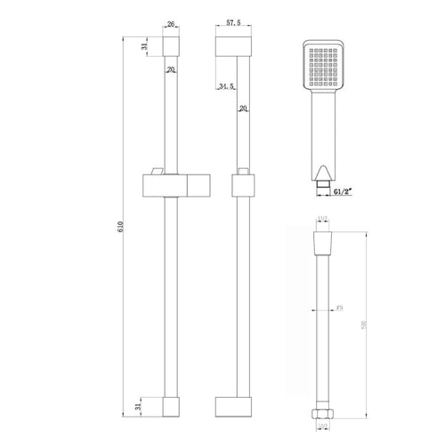 Buy Square Design Shower Slider Riser Rail Kit With Handset And Hose - Black online UK