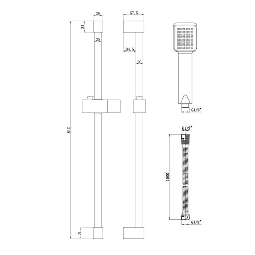 Buy Square design shower slider riser rail kit with handset and hose - chrome online UK