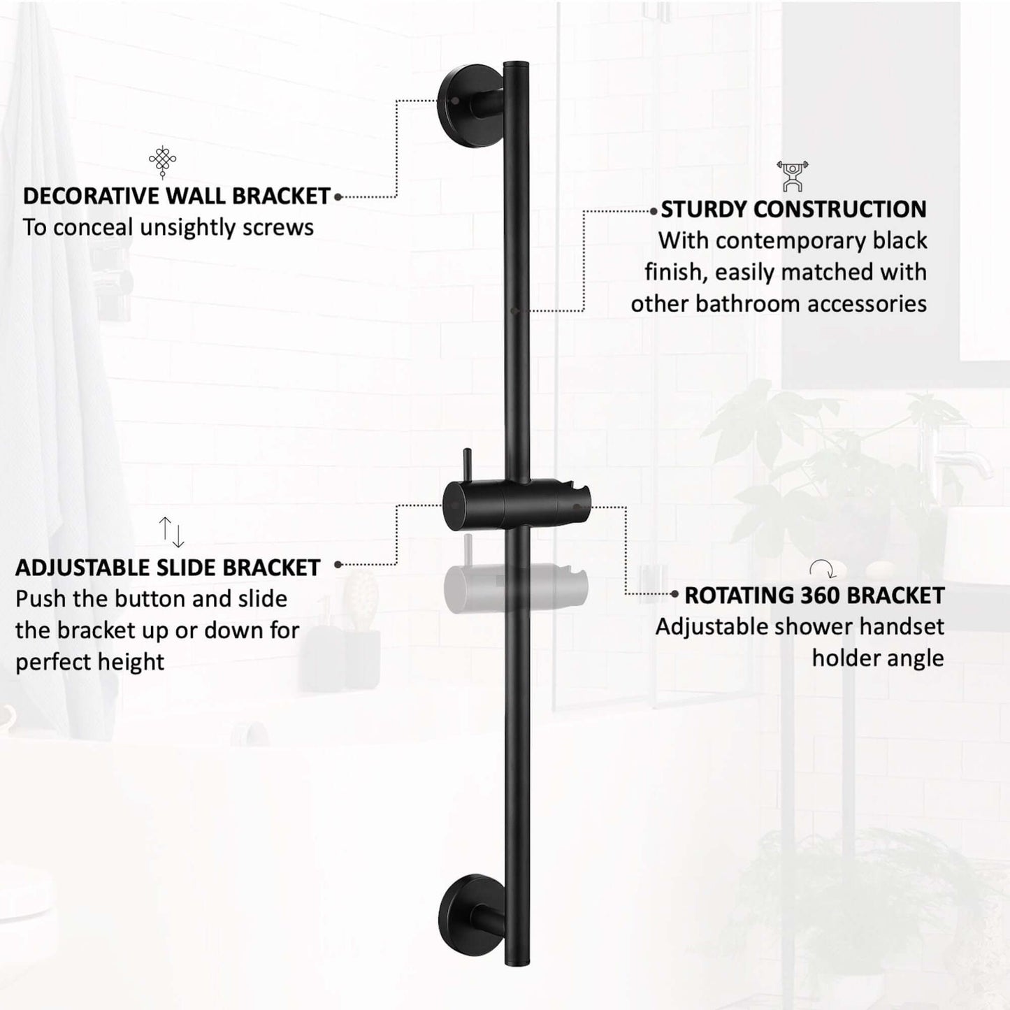 Contemporary Shower Slider Riser Rail Kit With Pencil Shower Head, Hose and Wall Elbow - Matte Black