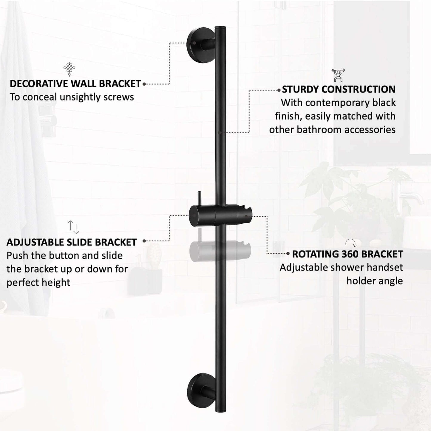 Contemporary Shower Slider Riser Rail Kit With Pencil Shower Head, Hose and Wall Elbow - Matte Black