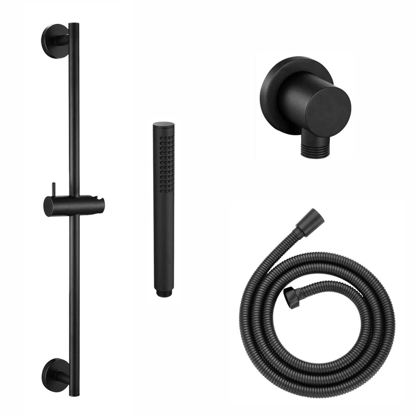 Contemporary Shower Slider Riser Rail Kit With Pencil Shower Head, Hose and Wall Elbow - Matte Black