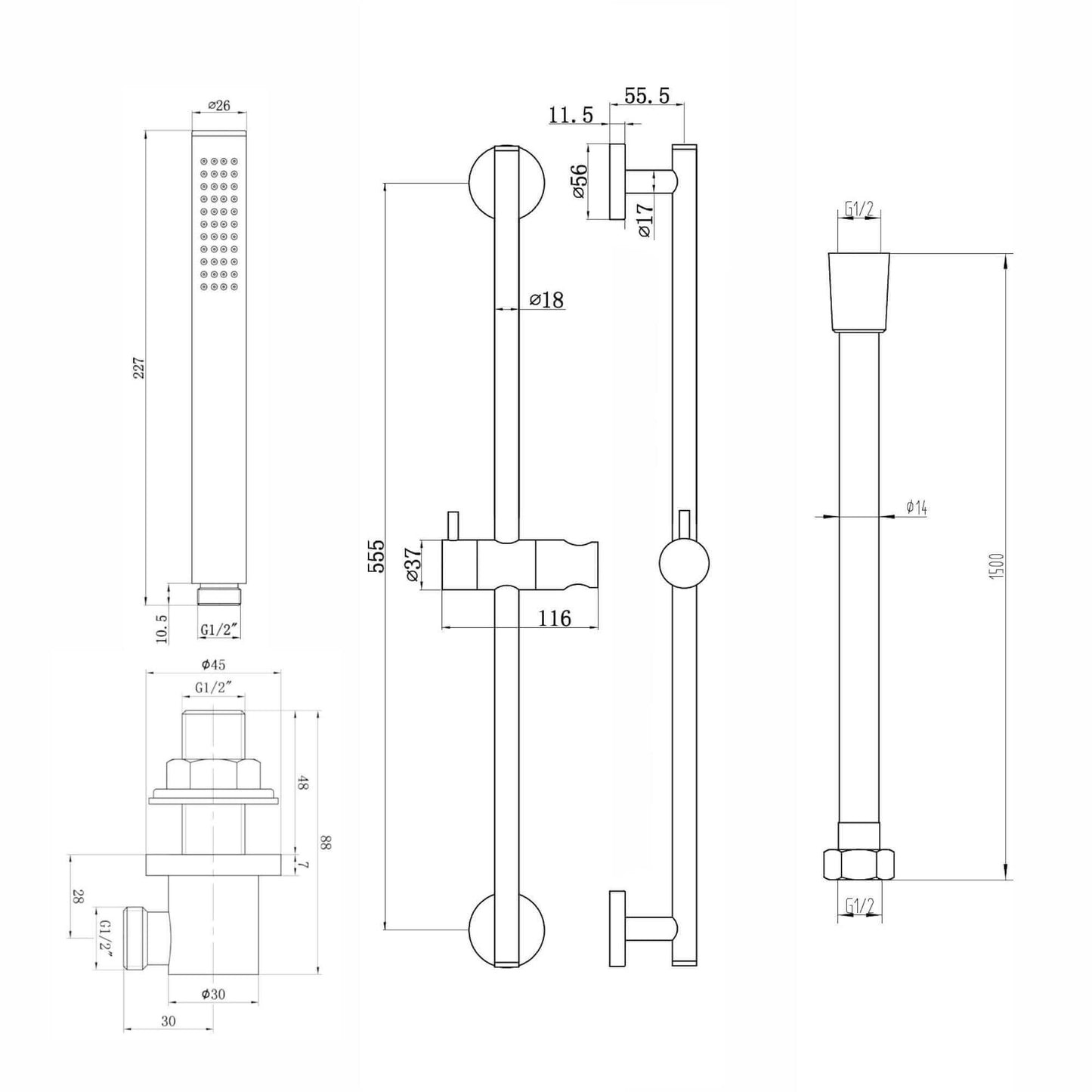 Contemporary Shower Slider Riser Rail Kit With Pencil Shower Head, Hose and Wall Elbow - Matte Black