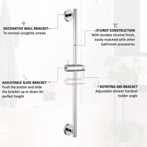 Buy Contemporary Shower Slider Riser Rail Kit With 3 Function Shower Head, Hose and Wall Elbow - Chrome online UK